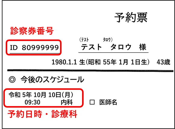 診察券番号、予約日時・診療科